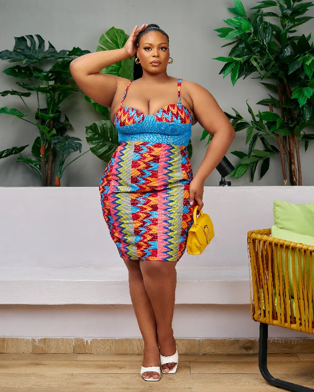 New in African Print Kente Corset Midi Dress - Nkem Comfortable Fit-and-Flare Midi Dress