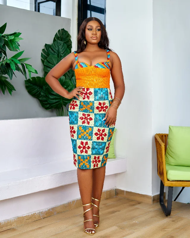 New in African Print Kente Corset Midi Dress - Afuada Elegant V-Neck Midi Dress