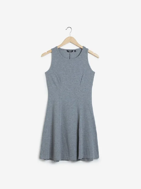 Nuon Grey Corduroy Textured Midi Dress Trendy Smocked Detail Midi Dress