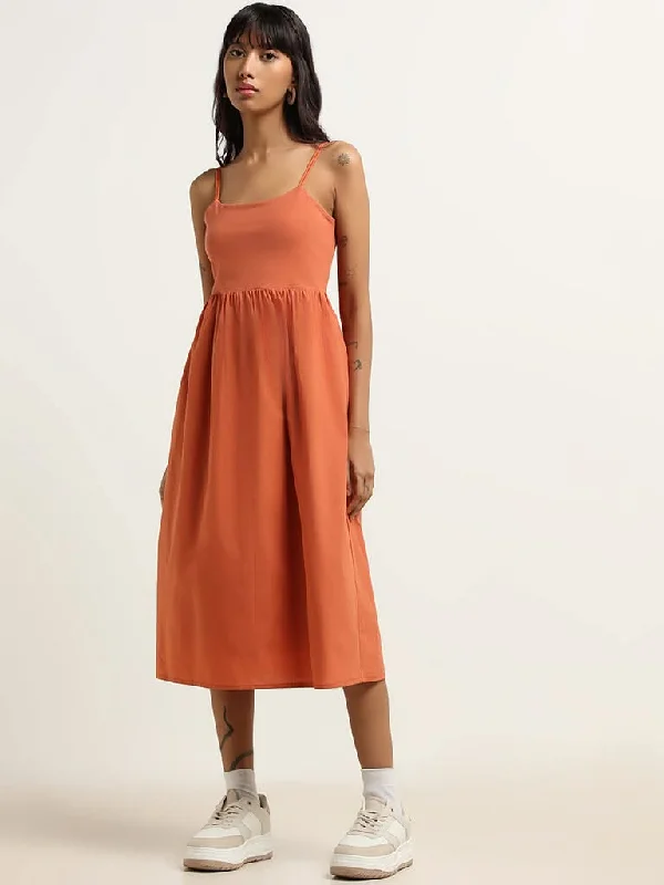 Nuon Orange Cotton Strappy Midi Dress Stylish Midi Dress with Cuffs