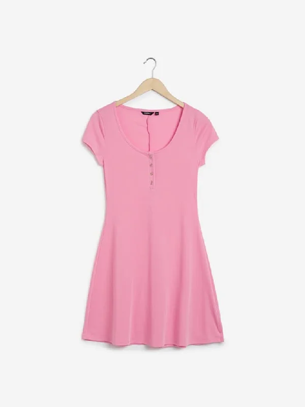 Nuon Pink Corduroy Textured Manny Midi Dress Comfortable Adjustable Strap Midi Dress