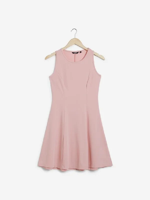 Nuon Pink Corduroy Textured Midi Dress Stylish Off-Shoulder Ruffle Dress