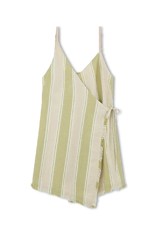 Olive Stripe Organic Cotton Wrap Mini Dress Chic Halter Mini Dress