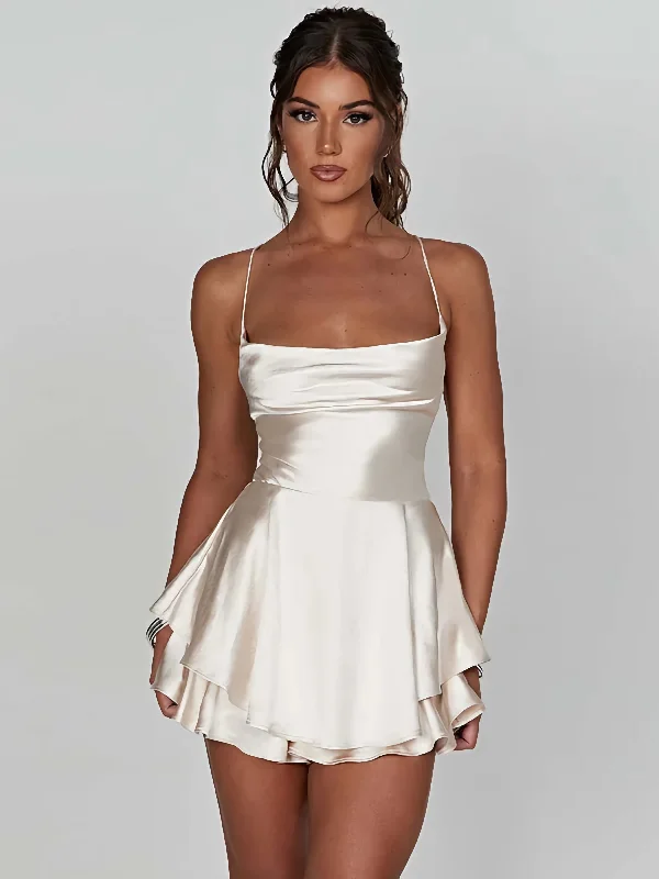 Open Back White Satin Mini Dress Comfortable Off-Shoulder Mini Dress