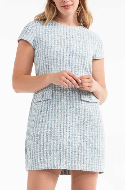 Paola Short Sleeve Shift Mini Dress in Tweed Blue- FINAL SALE Classic White Mini Dress