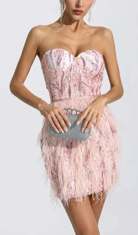 PINK TASSEL TUBE TOP MINI DRESS Elegant Mini Dress with Pleats