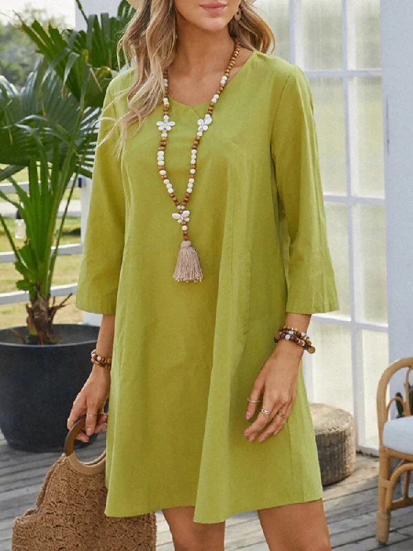 Apple Green Pure Color V-neck Long Sleeve Plain Casual Pocket Women Mini Dress Trendy Crossover Mini Dress