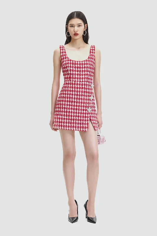 Red Check Boucle Mini Dress Elegant Lace-Up Mini Dress