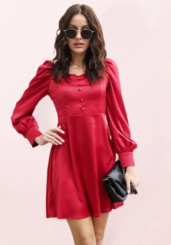 Red Satin Long Sleeve Mini Dress Fashionable Mini Dress with Pockets