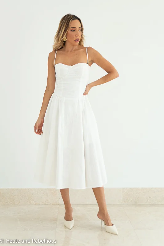 Romantic Corset Flare Midi Dress - White Trendy Knit Midi Dress