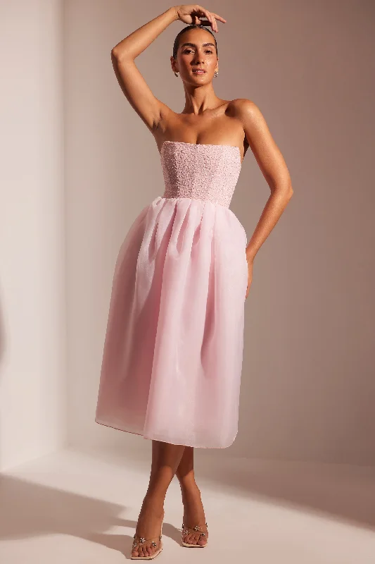 Embellished Corset Tulle Skirt Midi Dress in Blush Fashionable Floral Embroidery Midi Dress