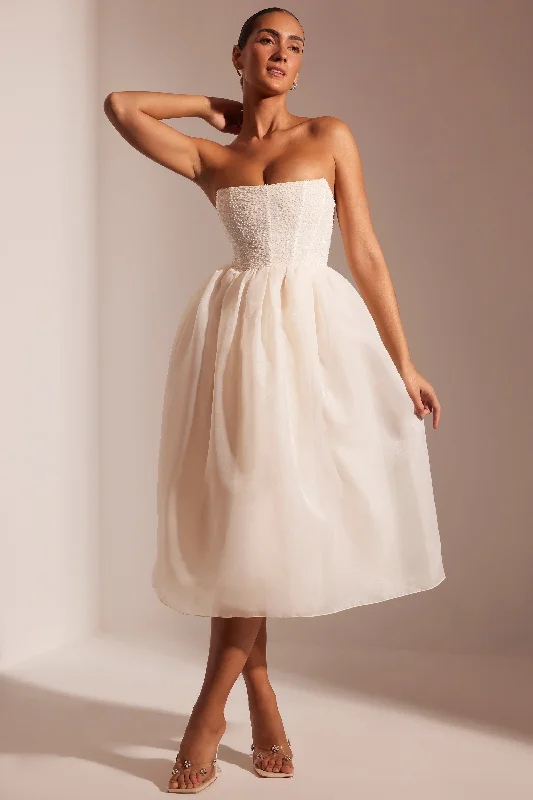 Embellished Corset Tulle Skirt Midi Dress in Ivory Fashionable Shift Midi Dress