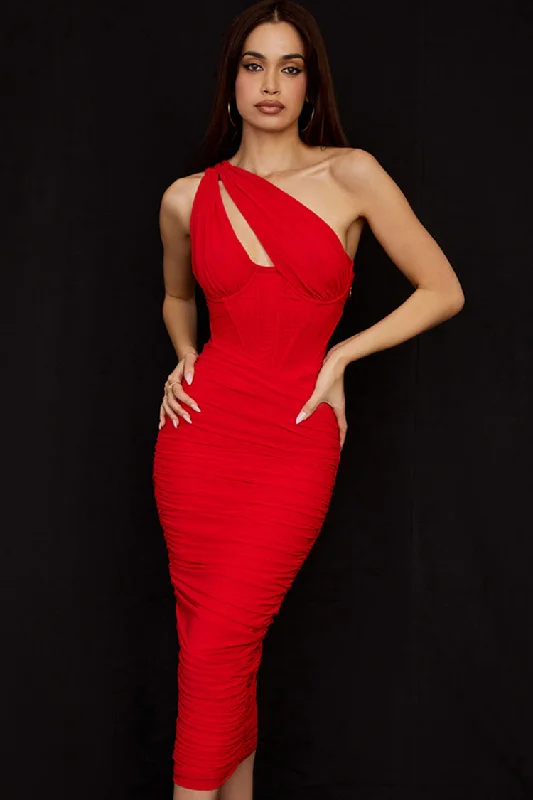 Sexy Cutout One Shoulder Ruched Bodycon Mesh Corset Midi Dress - Red Comfortable Wrap Midi Dress