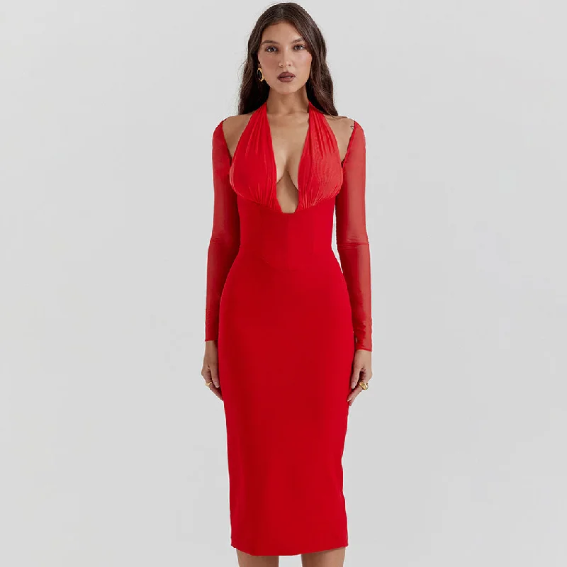 Sexy Halter V Neck Sheer Sleeve Mesh Panel Corset Cocktail Midi Dress - Red Trendy Midi Dress with Belt