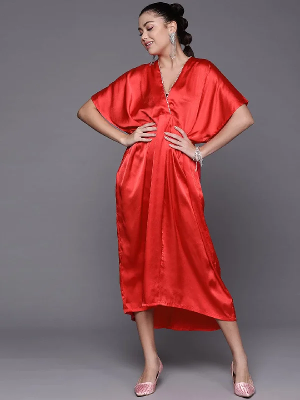 Women Red Satin Kaftan Midi Dress Fashionable Pleated Midi Dress