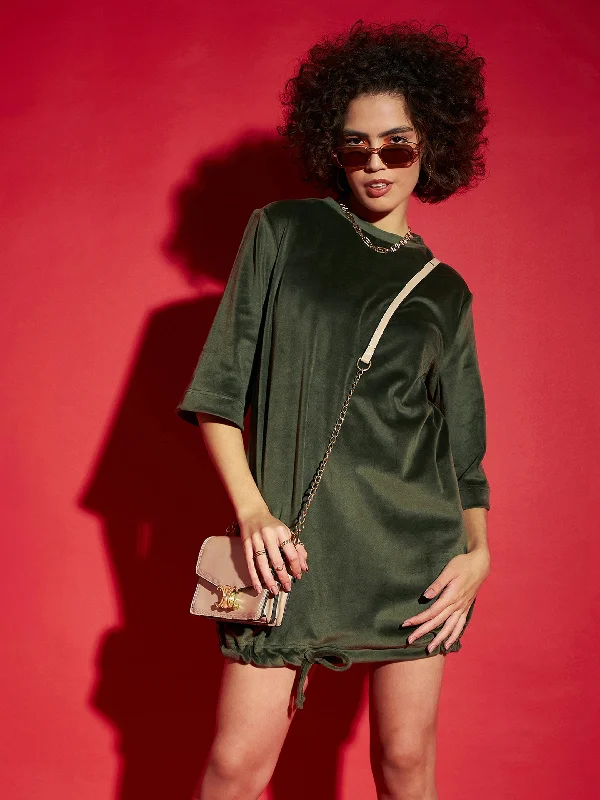 Women Olive Velour Tie Hem Mini Dress Stylish Sweetheart Mini Dress