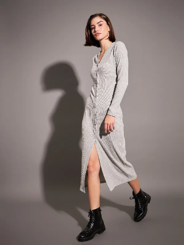 Women Grey Rib Front Button Midi Dress Stylish Button-Up Midi Dress