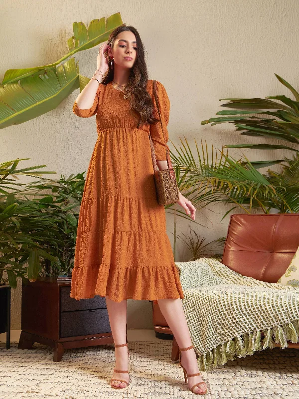 Women Rust Dobby Tiered Midi Dress Elegant Faux Wrap Midi Dress