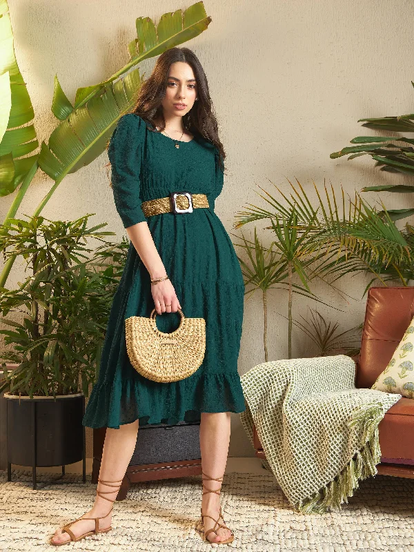 Women Teal Dobby Tiered Midi Dress Trendy Mock Neck Midi Dress