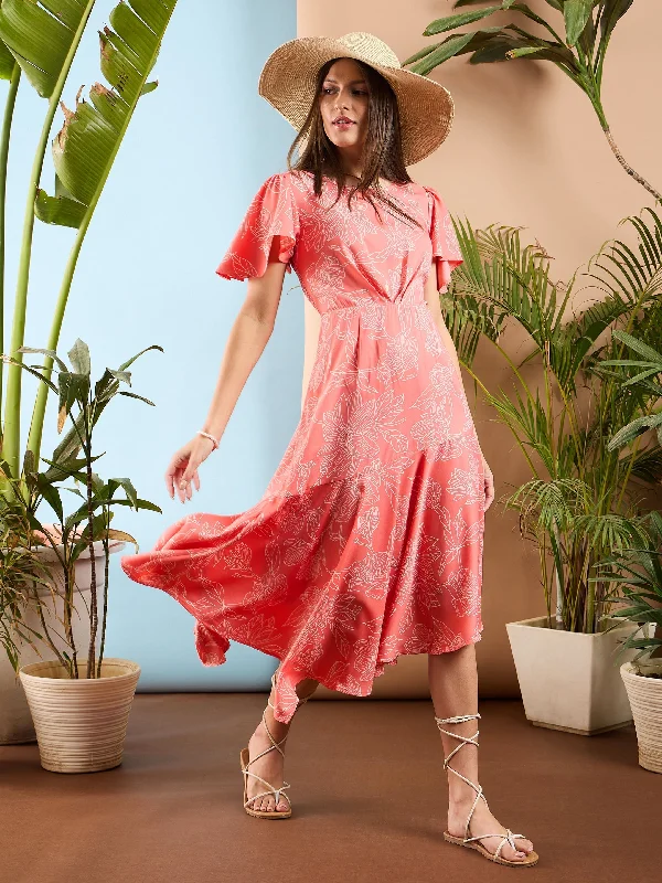 Women Peach Floral Asymmetric Hem Midi Dress Stylish Wraparound Midi Dress