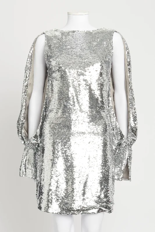 Silver Sequin Cut-Out Balloon Sleeve Preowned Mini Dress Comfortable Shift Mini Dress