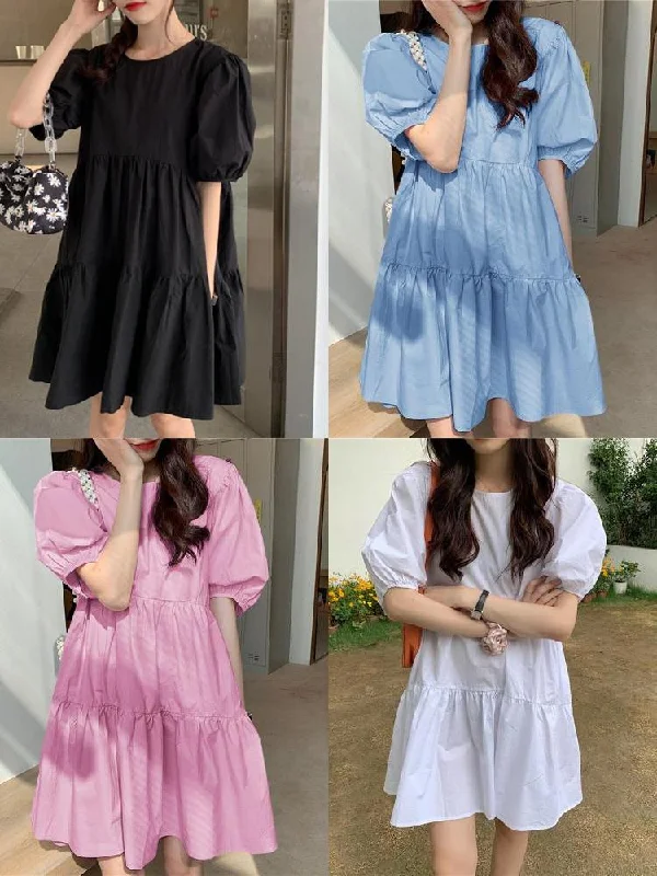 Summer Puff Sleeve Pleating Solid Loose Women Mini Dress Cozy Jersey Mini Dress