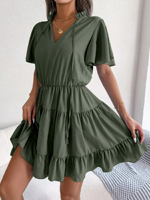 Tie Neck Tiered Flutter Sleeve Mini Dress Cozy Sweater Mini Dress