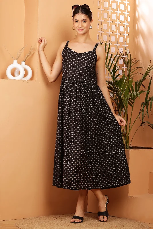 Women Black Printed Rayon Midi Dress Elegant Maxi-Midi Hybrid Dress