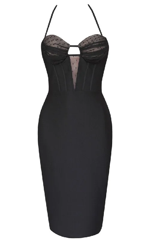 VIP Room <span><br> Black Sleeveless Spaghetti Strap Bustier Halter Dotted Lace Cut Out Bodycon Bandage Midi Dress</span> Stylish Vintage Midi Dress