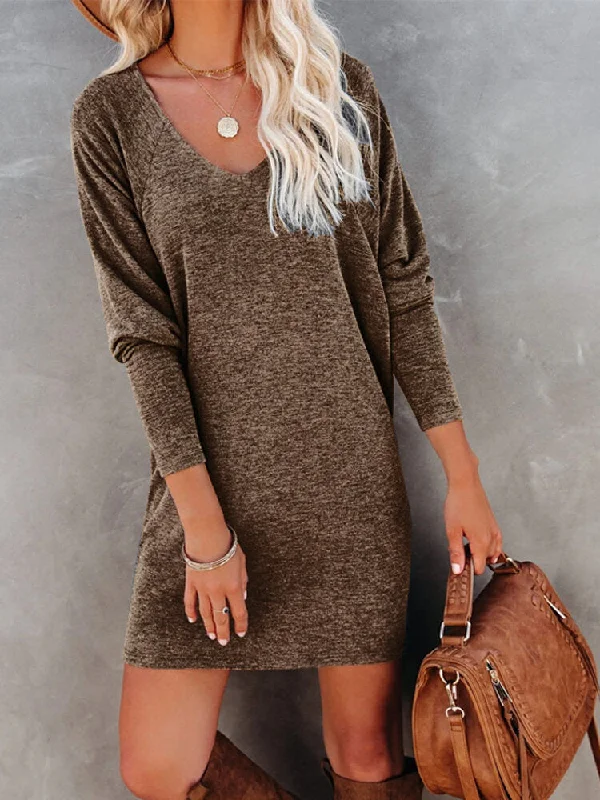 Women Jersey Dress V-neck Pure Color Raglan Sleeves Women Mini Dress Cozy Satin Mini Dress