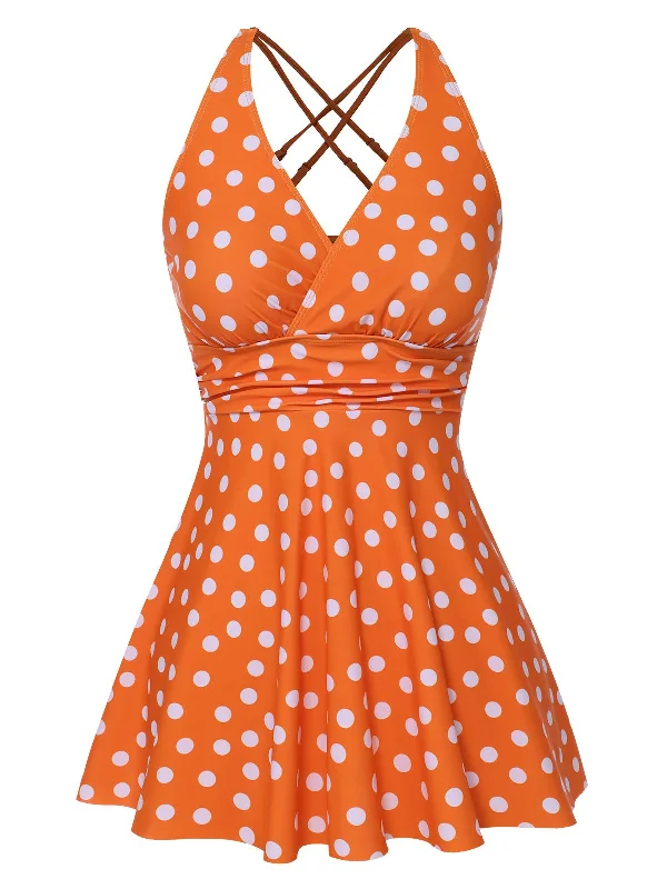 1930s Cross Straps Polka Dots Swimsuit Comfortable Swim Dress