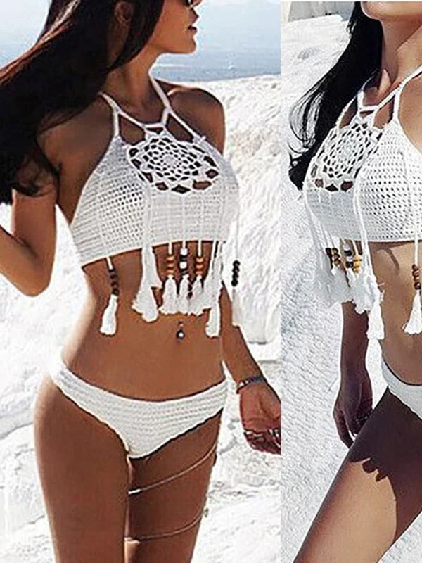 2022 Sexy Bikini Swimwear Crochet Halter Beaded Tassel Top Sexy Hollow Out Vibrant Bikini Design