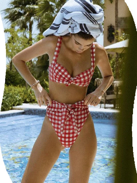 2022 Vintage Plaid Push Up High Waist Swim Wear Bathing Suit Casual Swim Dress