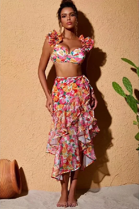 3D Floral Print Swimsuit & Skirt Set Vibrant Bikini Bottoms