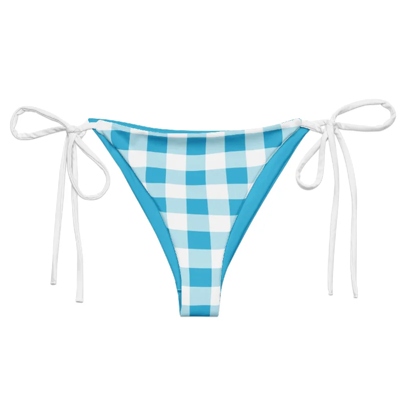 Aqua Blue and White Gingham String Bikini Swimsuit Bottoms Halter Top Bikini