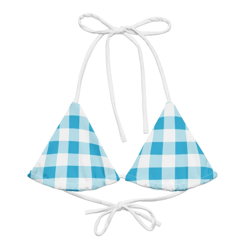 Aqua Blue and White Gingham String Bikini Swimsuit Top Sexy Cutout Swimsuit