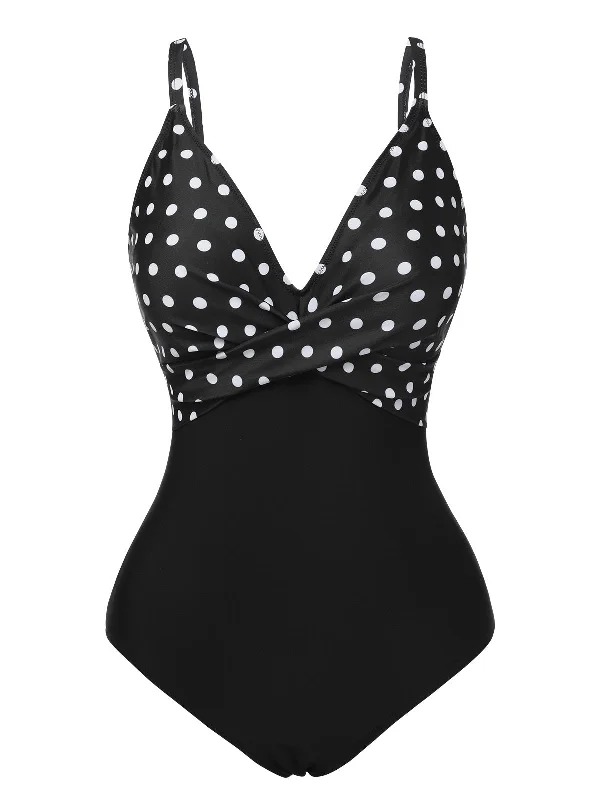 Black 1930s Polka Dots One-Piece Swimsuit Adjustable Bikini Bottoms