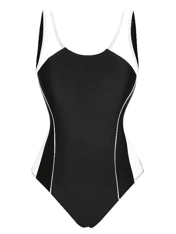 Black 1940s Contrast One-Piece Swimsuit Chic Swimsuit Cover-Up