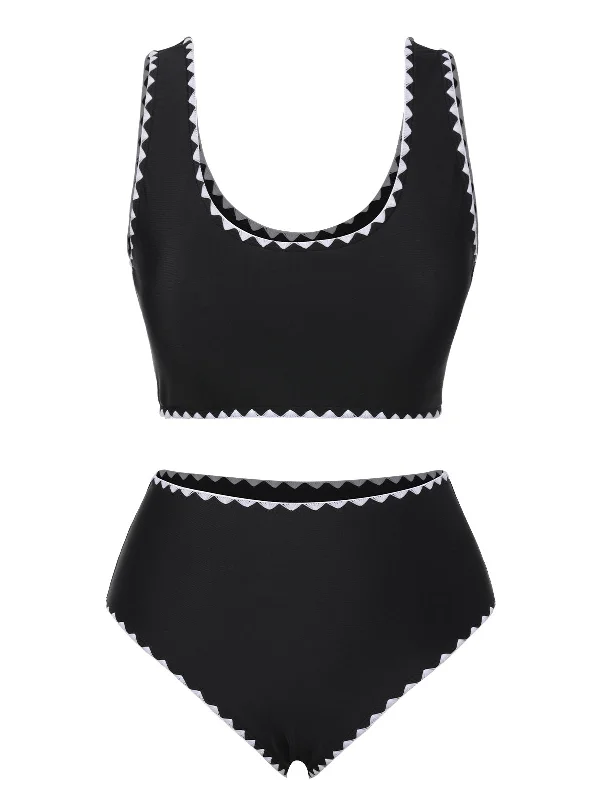 Black 1950s Solid Jagged Edge Swimsuit Full Coverage Swimsuit