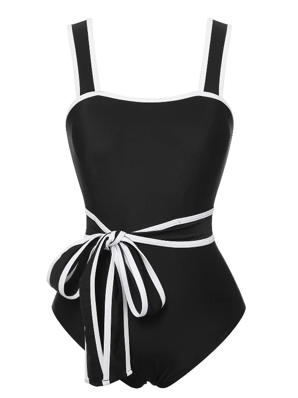 Black & White 1950s Wide Strap One-Piece Swimsuit Soft Beachwear Set