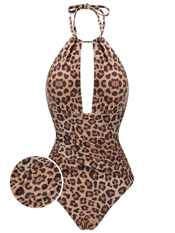 Brown 1930s Leopard V-Neck Halter Swimsuit Chic Swimsuit Cover-Up