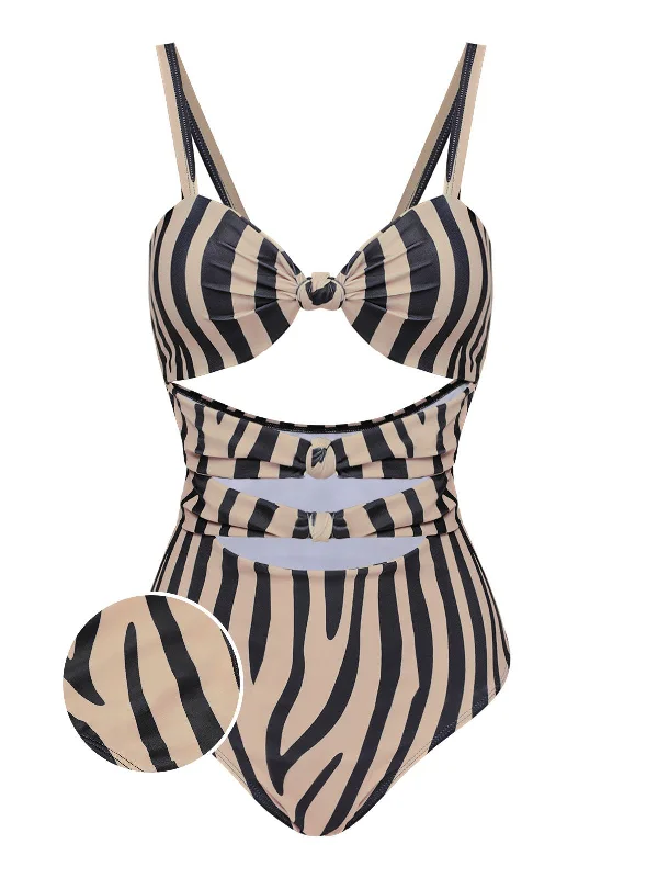 Brown Zebra Print Cutout One-Piece Swimsuit Fun Pattern Swimsuit