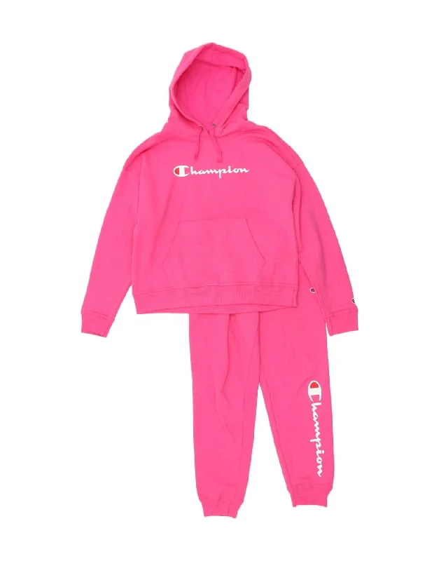 CHAMPION Womens Graphic Hooded Full Tracksuit UK 14 Medium Pink Cotton Hoodie with Hem Patch Decorative Personalized