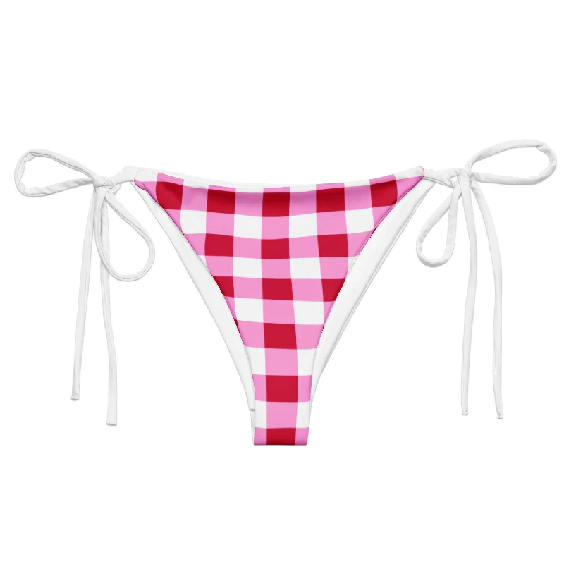 Cherry Red, White and Pink Gingham String Bikini Swimsuit Bottoms Bold High-Cut Bikini