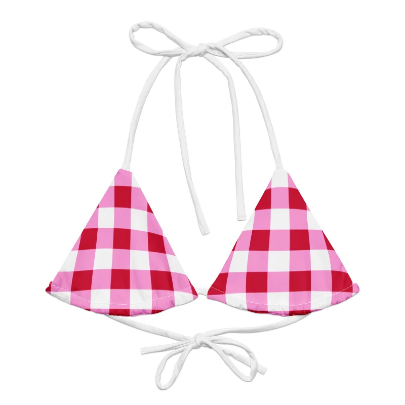 Cherry Red, White and Pink Gingham String Bikini Swimsuit Top Elegant Swimsuit Bottoms