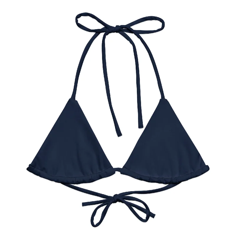 Classic Navy Blue String Bikini Swimsuit Top Floral Swimwear Set