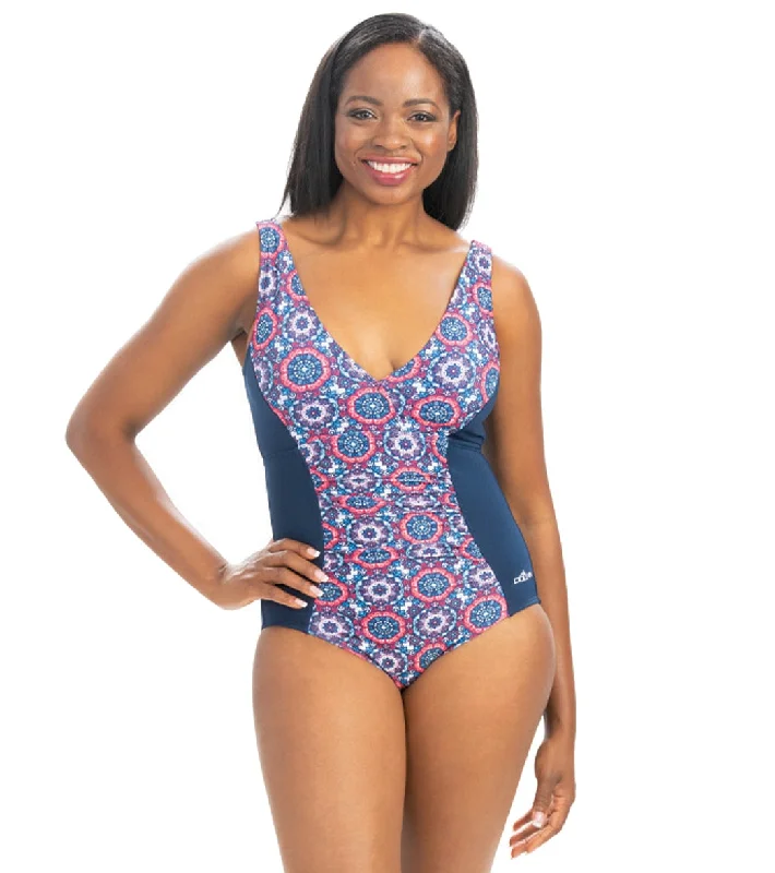 Dolfin Women's Aquashape Mosaic V-neck Front Panel Chlorine Resiatant One Piece Swimsuit Mosaic Classic Monokini Design