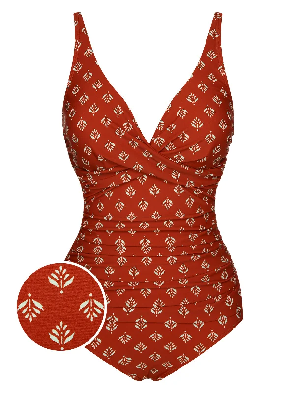 Fire Brick Red 1940s Leaves V-Neck Swimsuit Cross-Back Bikini