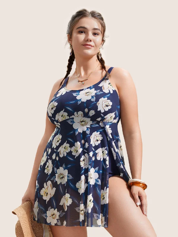 Floral Adjustable Straps Split Hem Swim Dress Monokini Swimsuit Design