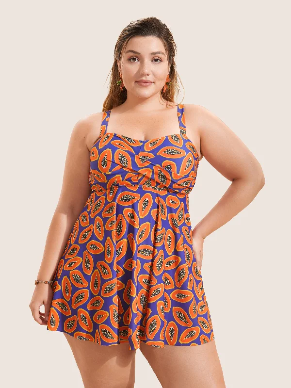 Fruit & Vegetable Print Crossover Cami Swim Dress Bold Swimsuit Design